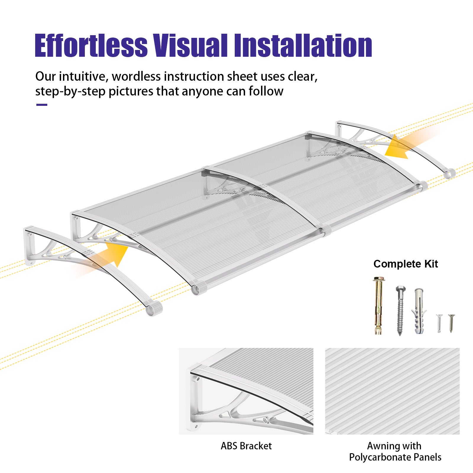 Open Box – Door Awning Canopy with Built-in Drainage, Polycarbonate Outdoor Cover for Entrance, Porch & Patio Protection