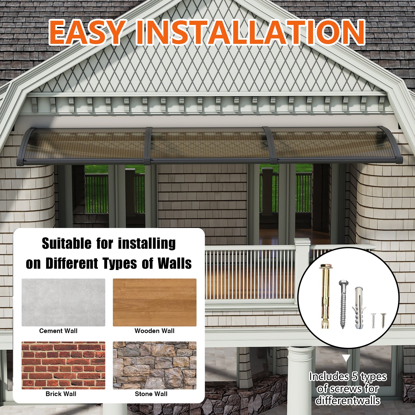 Dawning Home Window Awning Door Canopy – Polycarbonate Hollow Sheet with ABS Bracket and Separate Drainage Sink
