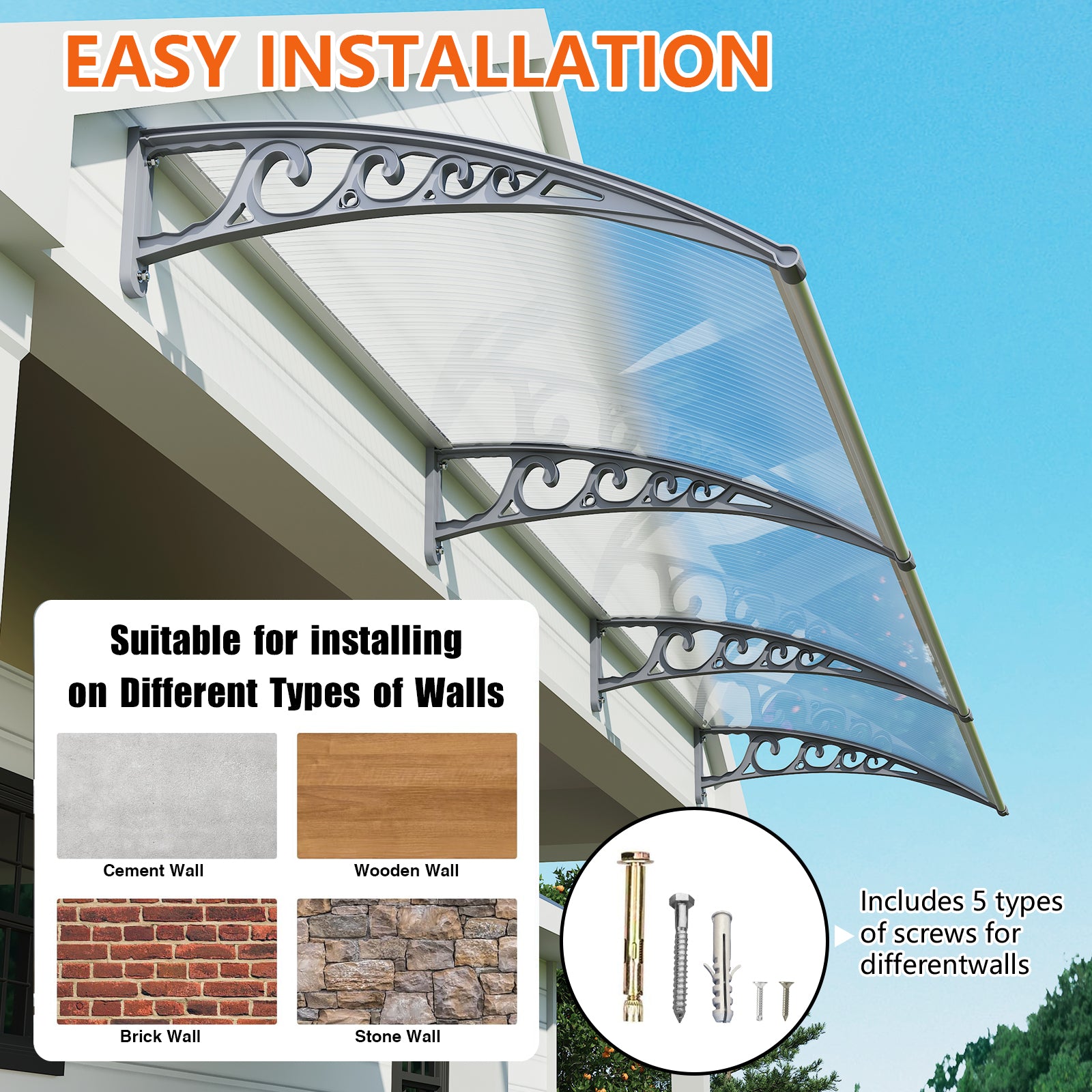 Dawninghome Polycarbonate Window Awning – DIY UV & Rain Shield for Porch and Entry（Grey Bracket Transparent Board