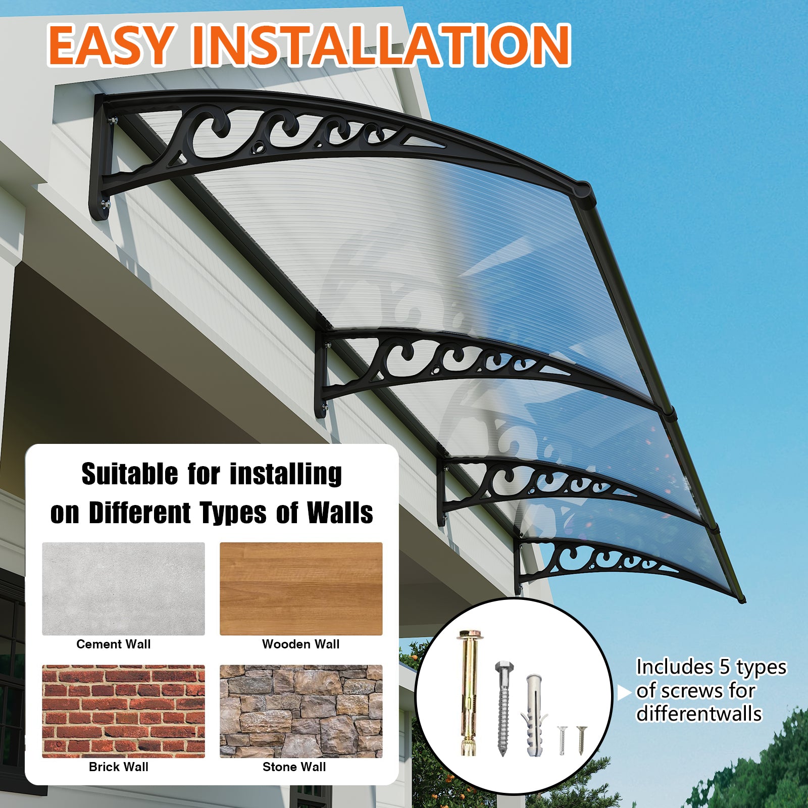 Dawninghome Polycarbonate Window Awning – DIY UV & Rain Shield for Porch and Entry（Black Bracket Transparent Board）