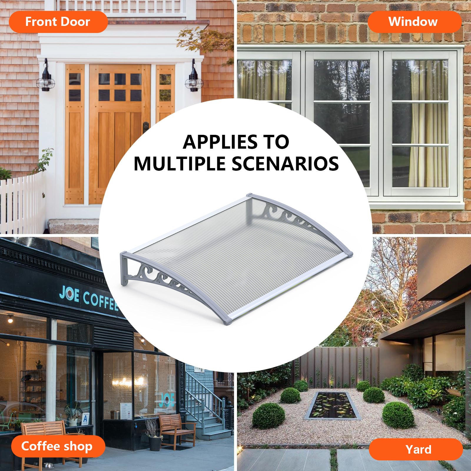 Dawninghome Polycarbonate Window Awning – DIY UV & Rain Shield for Porch and Entry（Grey Bracket Transparent Board