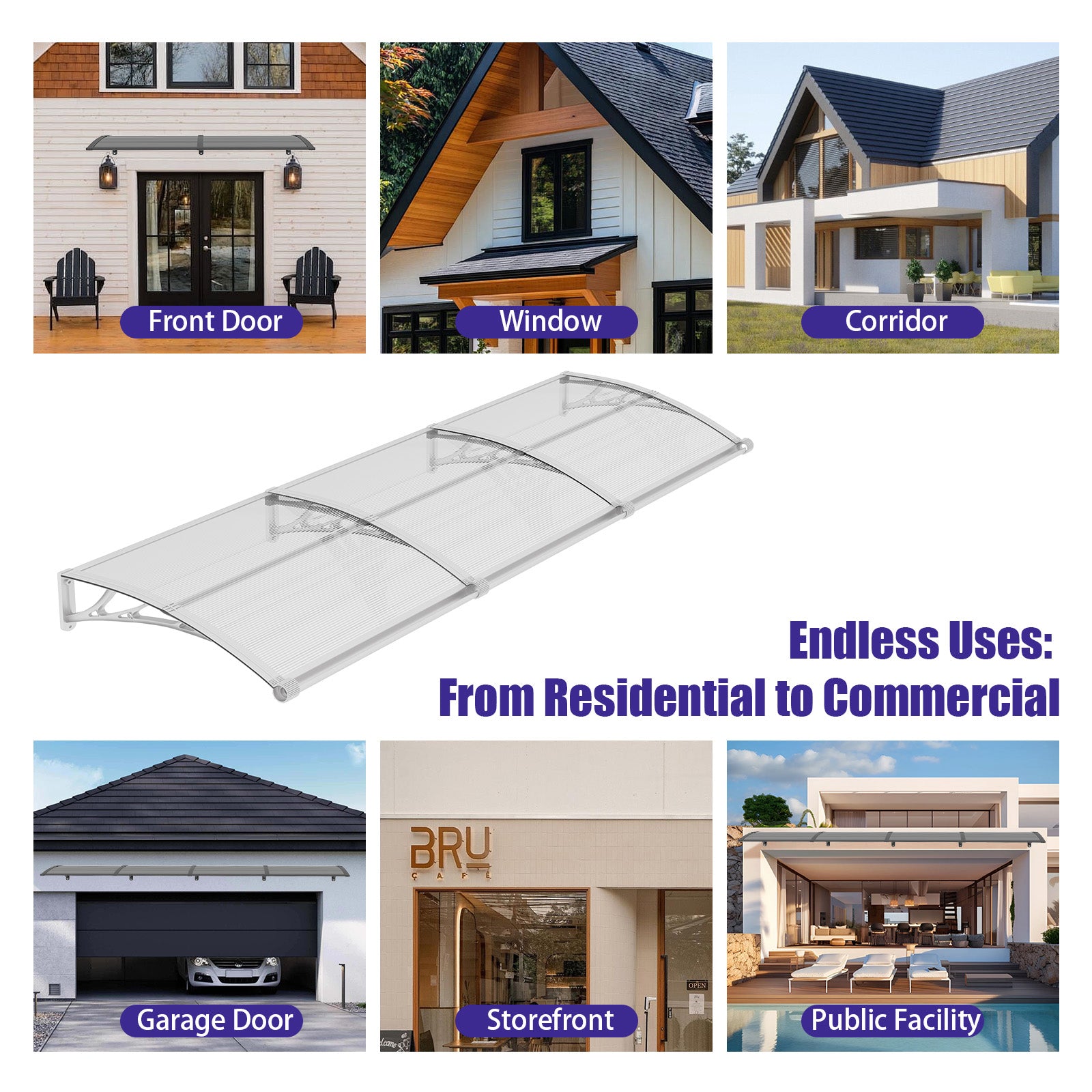 Open Box – Door Awning Canopy with Built-in Drainage, Polycarbonate Outdoor Cover for Entrance, Porch & Patio Protection