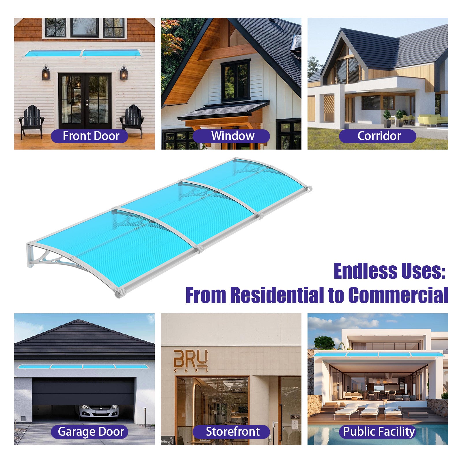 Door Awning Canopy with Drainage, Polycarbonate Exterior Door & Window Awning, UV Rain Snow Protection for Porch Patio Entrance