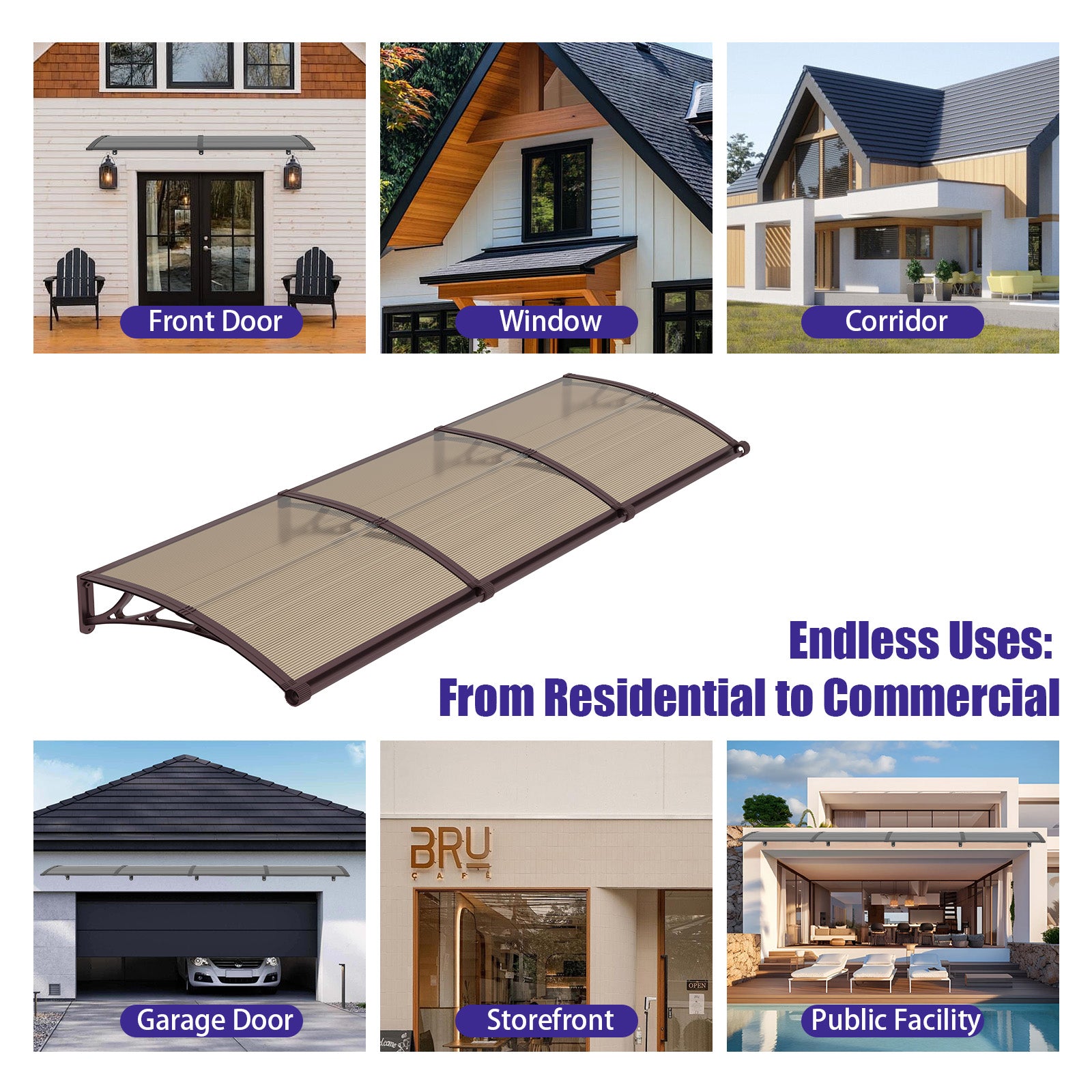 Door Awning Canopy with Drainage, Polycarbonate Exterior Door & Window Awning, UV Rain Snow Protection for Porch Patio Entrance