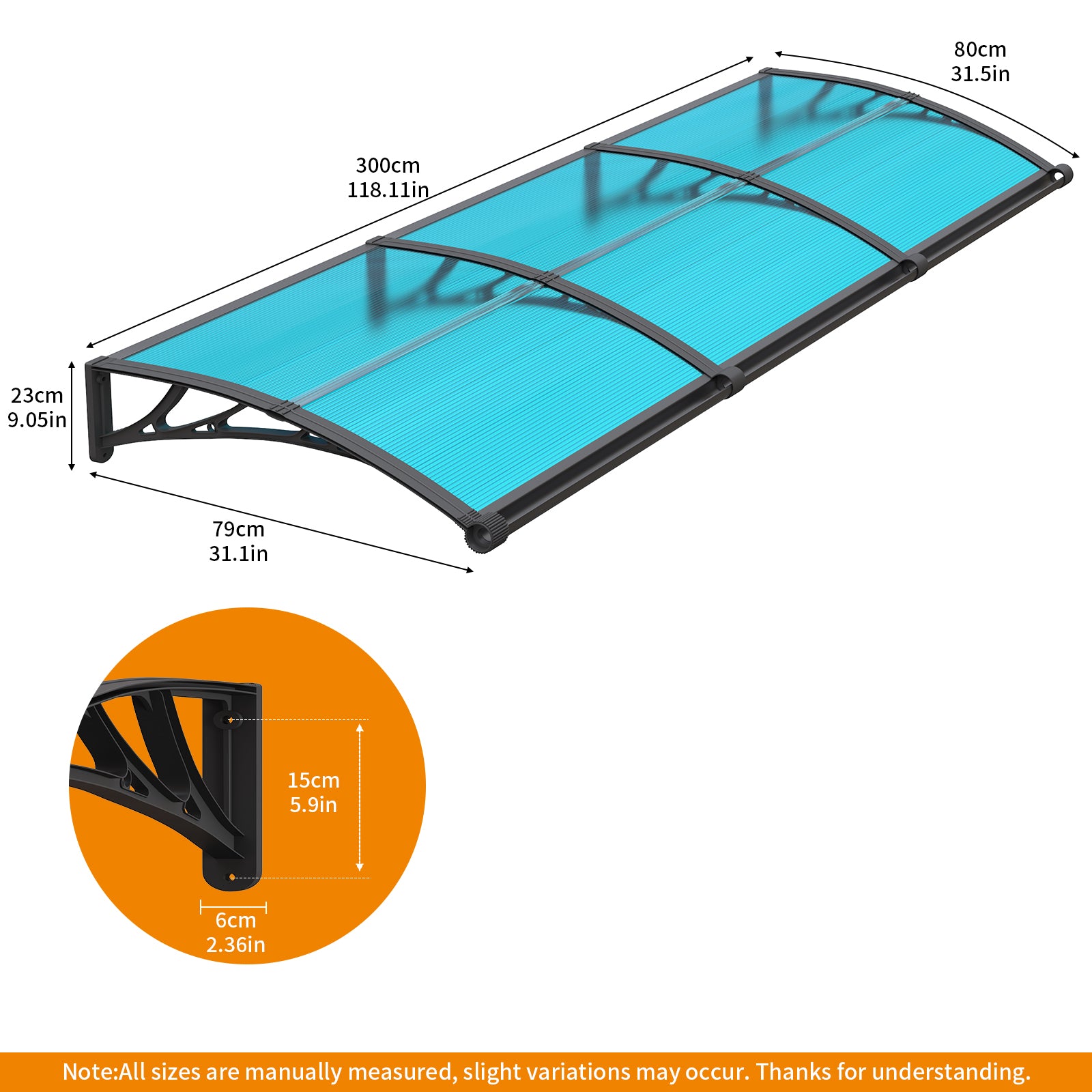 Großes Waschbecken-Fenster-Tür-Markisendach aus Polycarbonat, 80 x 300 cm, stilvolles Abfluss-Waschbecken-Design