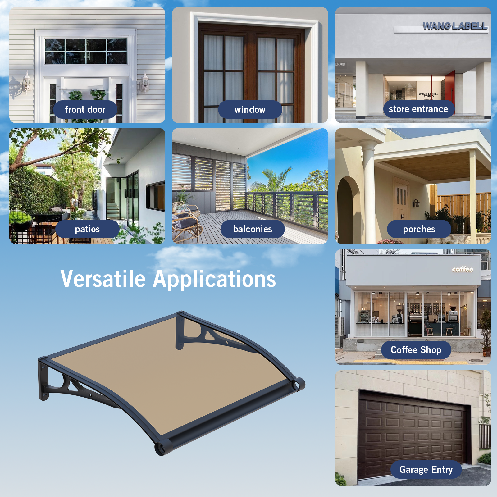 Dawninghome Aluminum Alloy Awning Solid Polycarbonate Sheet with Large Drainage Sink Canopy for Window Door Outdoor Snow Cover Overhang Awnings