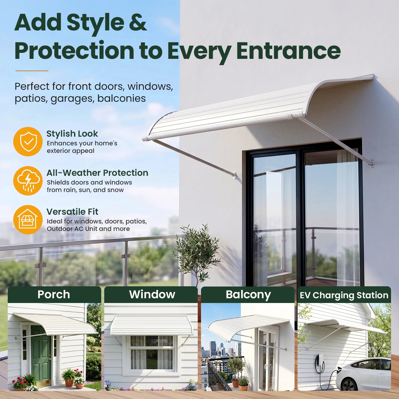 Aluminum Door Awning Canopy – Heavy-Duty Metal Exterior Overhang for Front Door, Window & Patio Protection