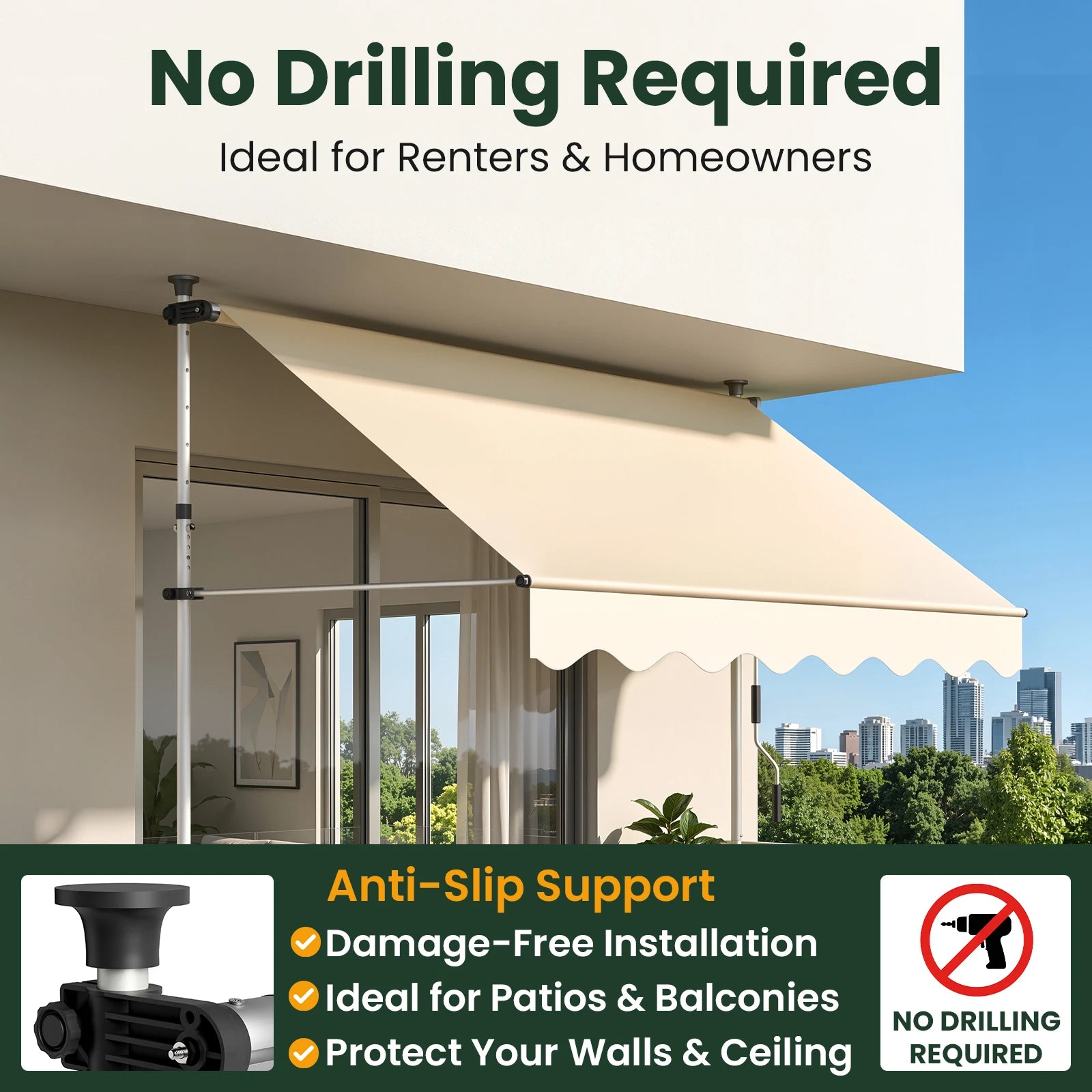 Manual Retractable Awning for Patio Door & Window – Adjustable Waterproof UV Protection Outdoor Canopy for Balcony, Garden & Backyard