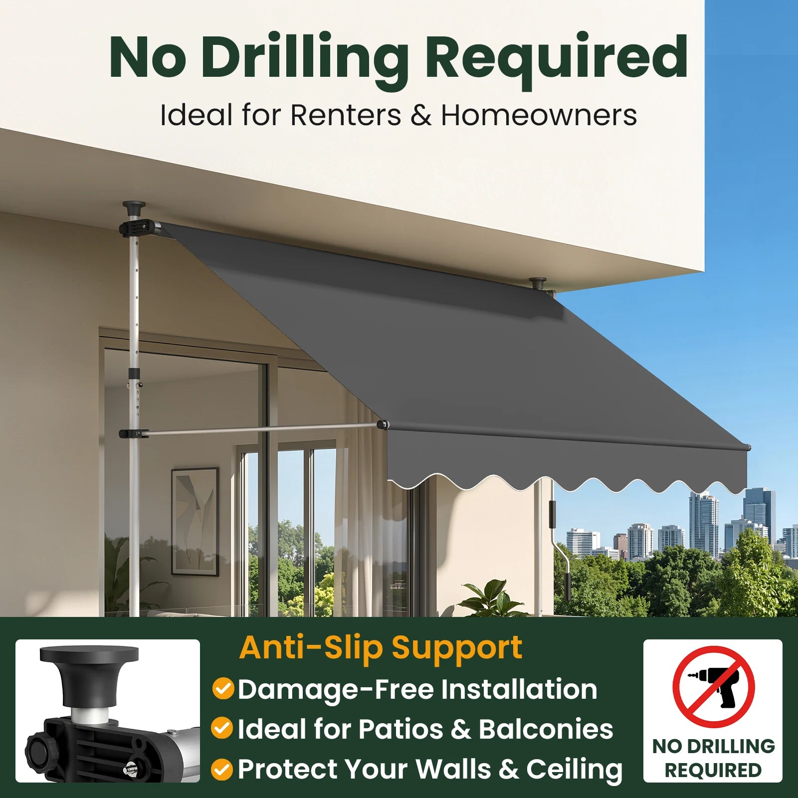Manual Retractable Awning 78"x47" – Patio Door & Window Outdoor Canopy, Adjustable Waterproof UV Shade for Balcony & Garden