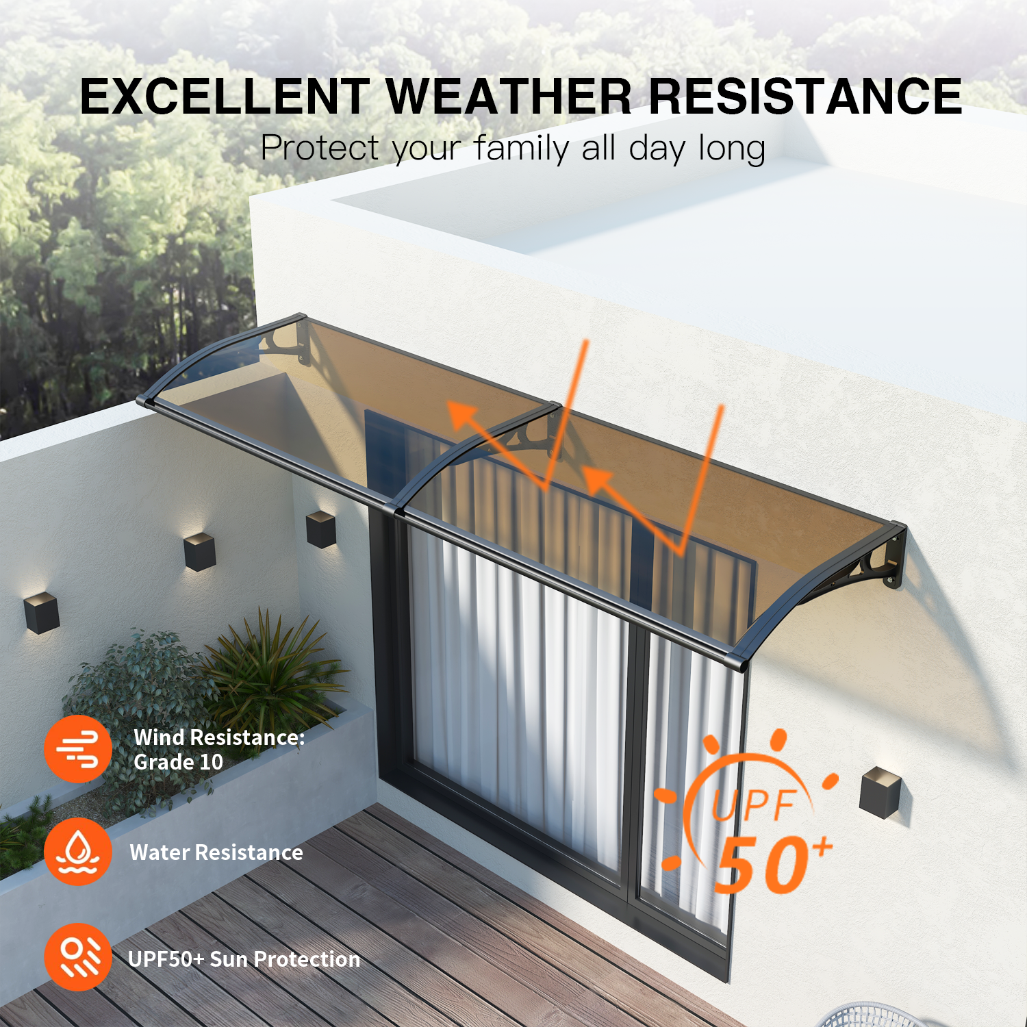 Dawninghome Aluminum Alloy Awning Solid Polycarbonate Sheet with Large Drainage Sink Canopy for Window Door Outdoor Snow Cover Overhang Awnings