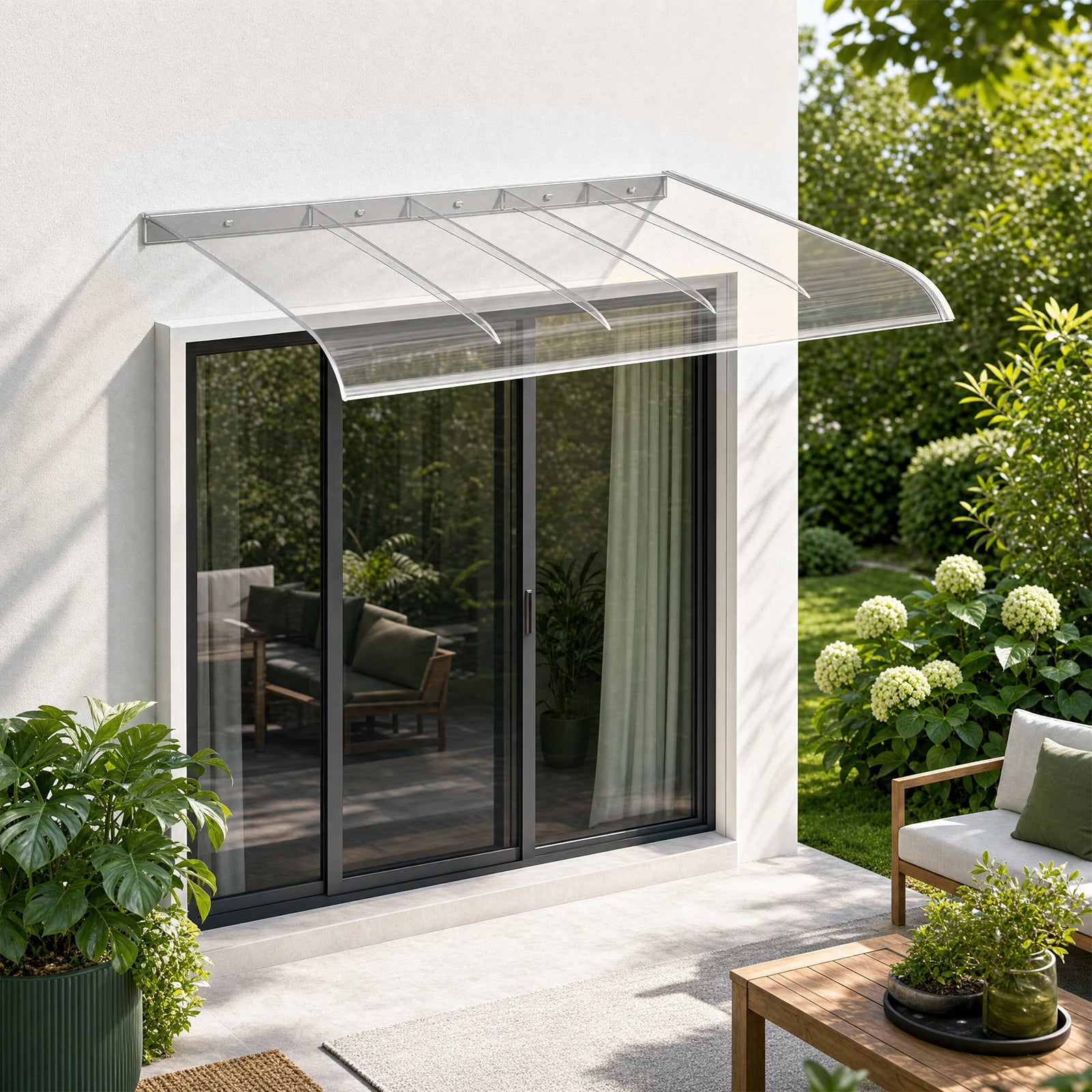 مظلة GUANSU-CN المنحنية للنوافذ والشرفات غير المرئية والحماية من الأشعة فوق البنفسجية والأمطار والثلوج