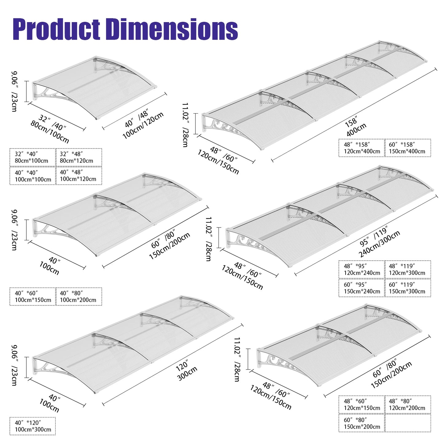 Open Box - 60'' Extension Door & Window Awning Canopy – Transparent Polycarbonate with White Frame, UV & Rain Protection for Porch and Patio