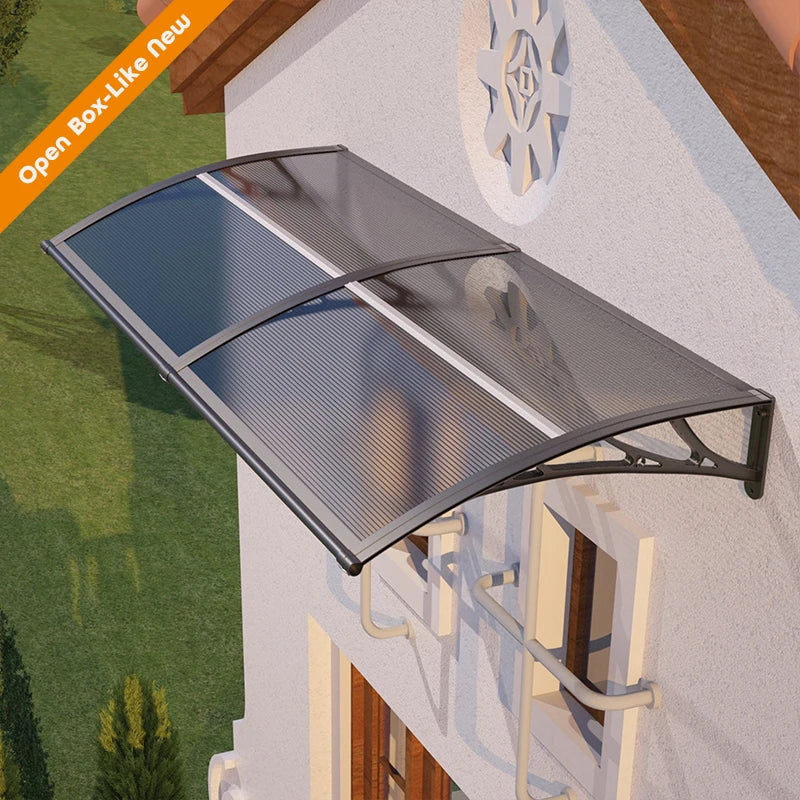 Open Box - 48'' Extension Door & Window Awning Canopy – Smoke Grey Polycarbonate with Black Frame, UV & Rain Protection for Porch and Patio