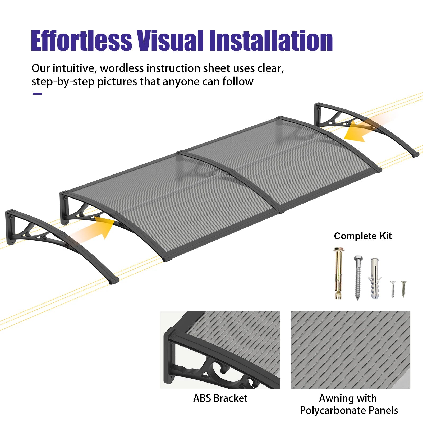 Open Box - 48'' Extension Door & Window Awning Canopy – Smoke Grey Polycarbonate with Black Frame, UV & Rain Protection for Porch and Patio