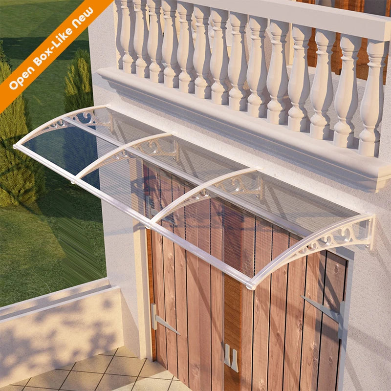 Open Box - 60'' Extension Door & Window Awning Canopy – Transparent Polycarbonate with White Frame, UV & Rain Protection for Porch and Patio