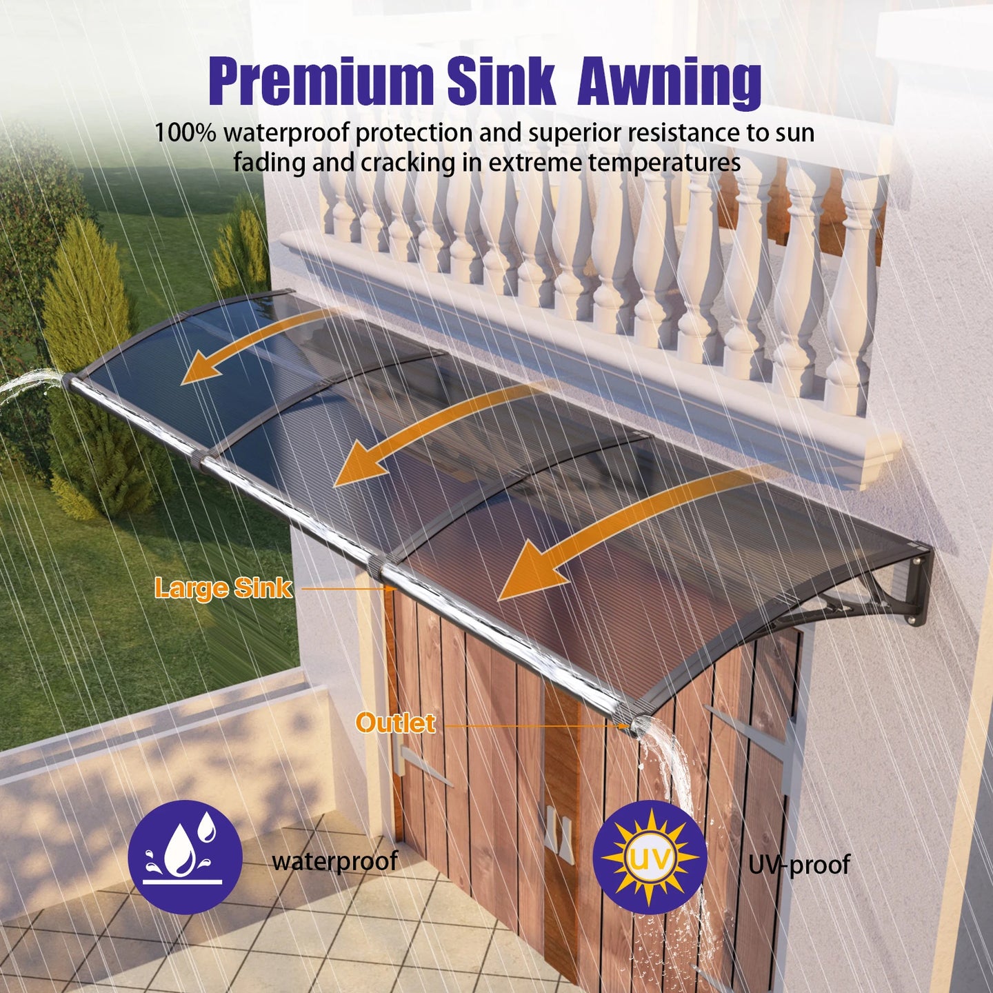 Door Awning Canopy with Drainage, Polycarbonate Exterior Door & Window Awning, UV Rain Snow Protection for Porch Patio Entrance