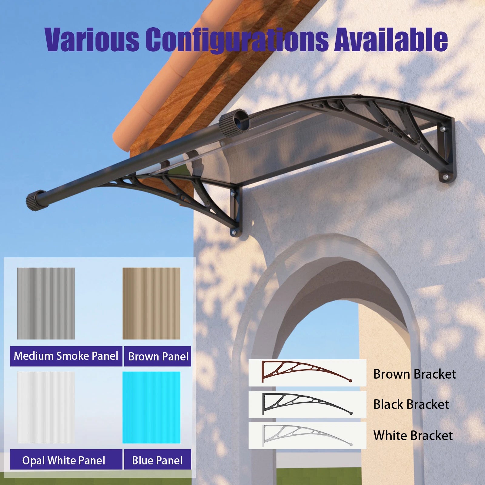 Open Box - 40'' Projection Door & Window Awning Canopy with Built-In Drainage Sink – Black Frame & Smoke Grey Polycarbonate Panel for Porch & Patio