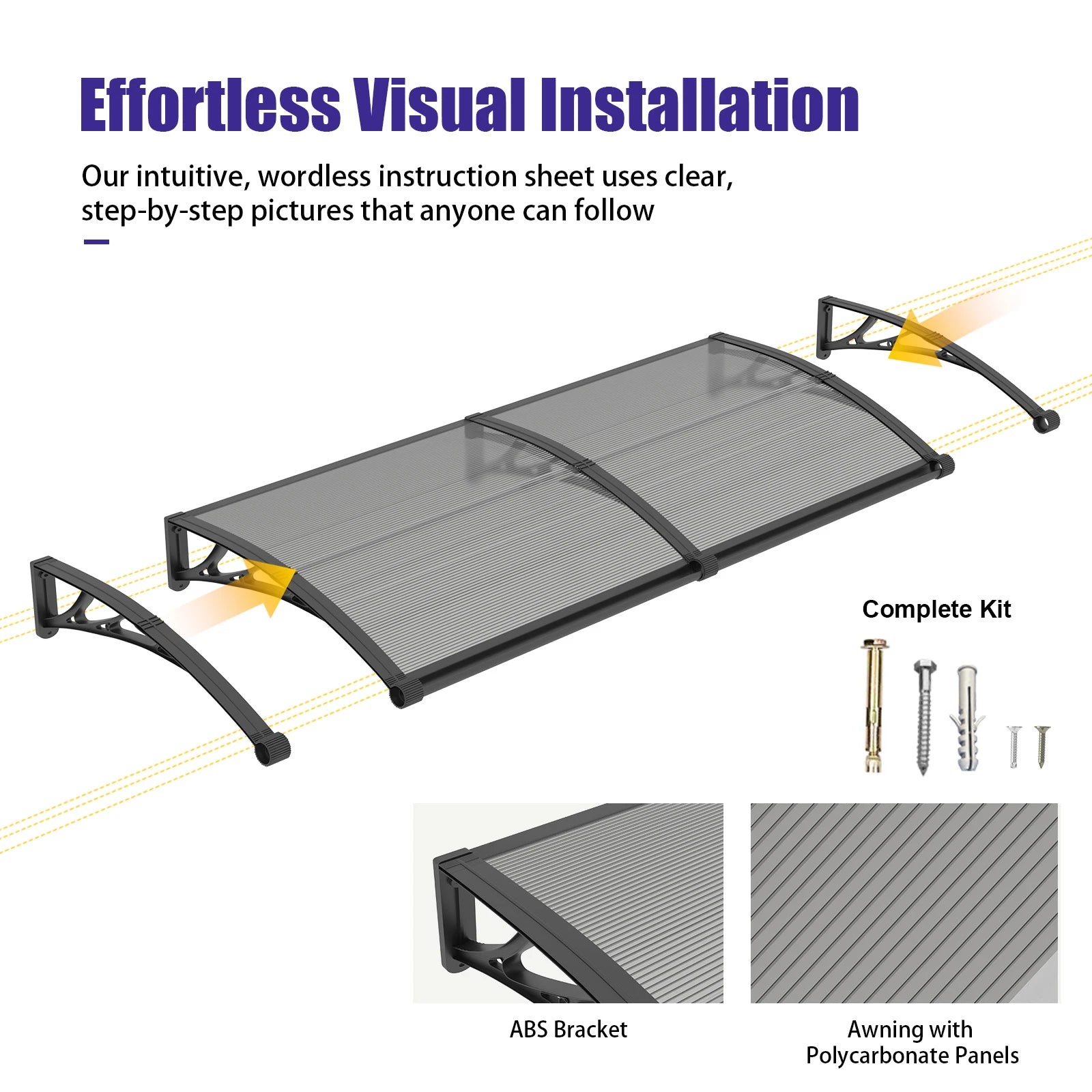 Open Box - 40'' Projection Door & Window Awning Canopy with Built-In Drainage Sink – Black Frame & Smoke Grey Polycarbonate Panel for Porch & Patio
