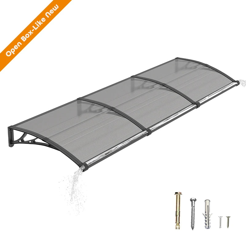 Open Box - 40'' Projection Door & Window Awning Canopy with Built-In Drainage Sink – Black Frame & Smoke Grey Polycarbonate Panel for Porch & Patio