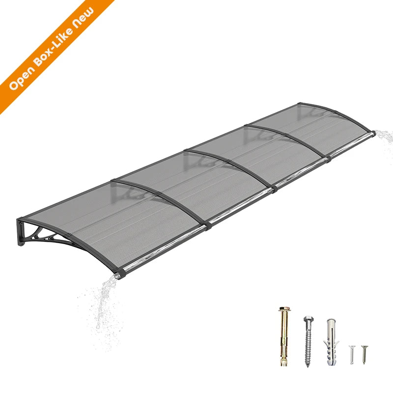 Open Box - 40'' Projection Door & Window Awning Canopy with Built-In Drainage Sink – Black Frame & Smoke Grey Polycarbonate Panel for Porch & Patio