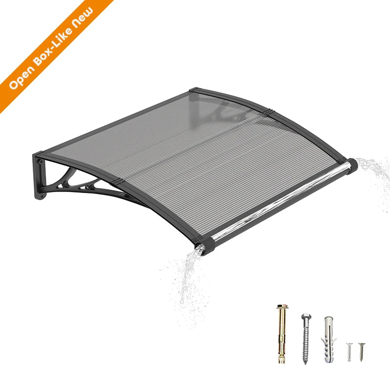 Open Box - 40'' Projection Door & Window Awning Canopy with Built-In Drainage Sink – Black Frame & Smoke Grey Polycarbonate Panel for Porch & Patio
