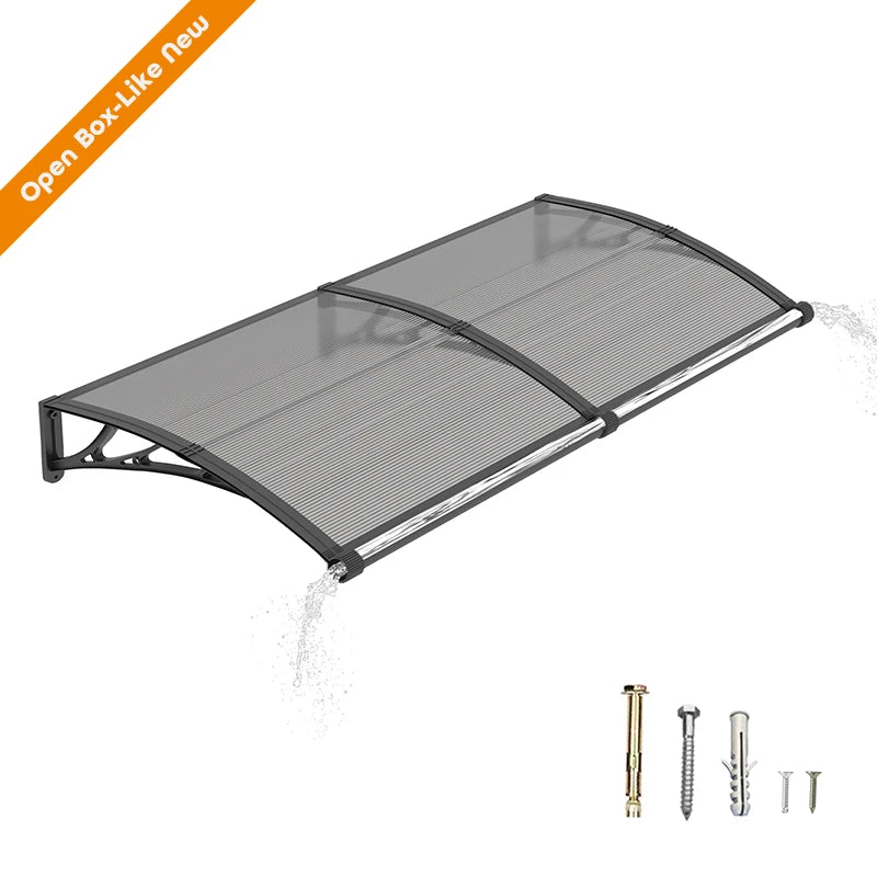 Open Box - 40'' Projection Door & Window Awning Canopy with Built-In Drainage Sink – Black Frame & Smoke Grey Polycarbonate Panel for Porch & Patio
