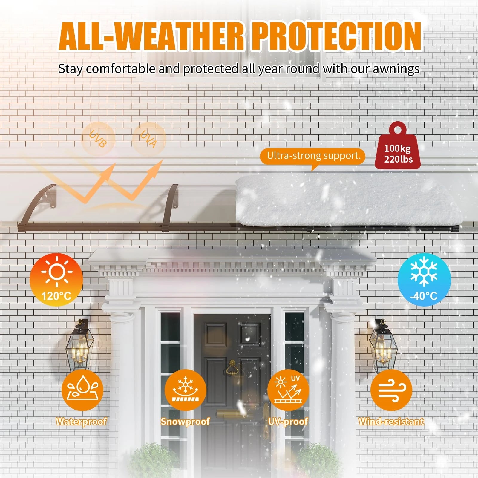 GUANSU-CN Toldo para puerta y ventana de gran tamaño con panel sólido de policarbonato y soporte de plástico para patio, protección contra la lluvia, la nieve y el sol