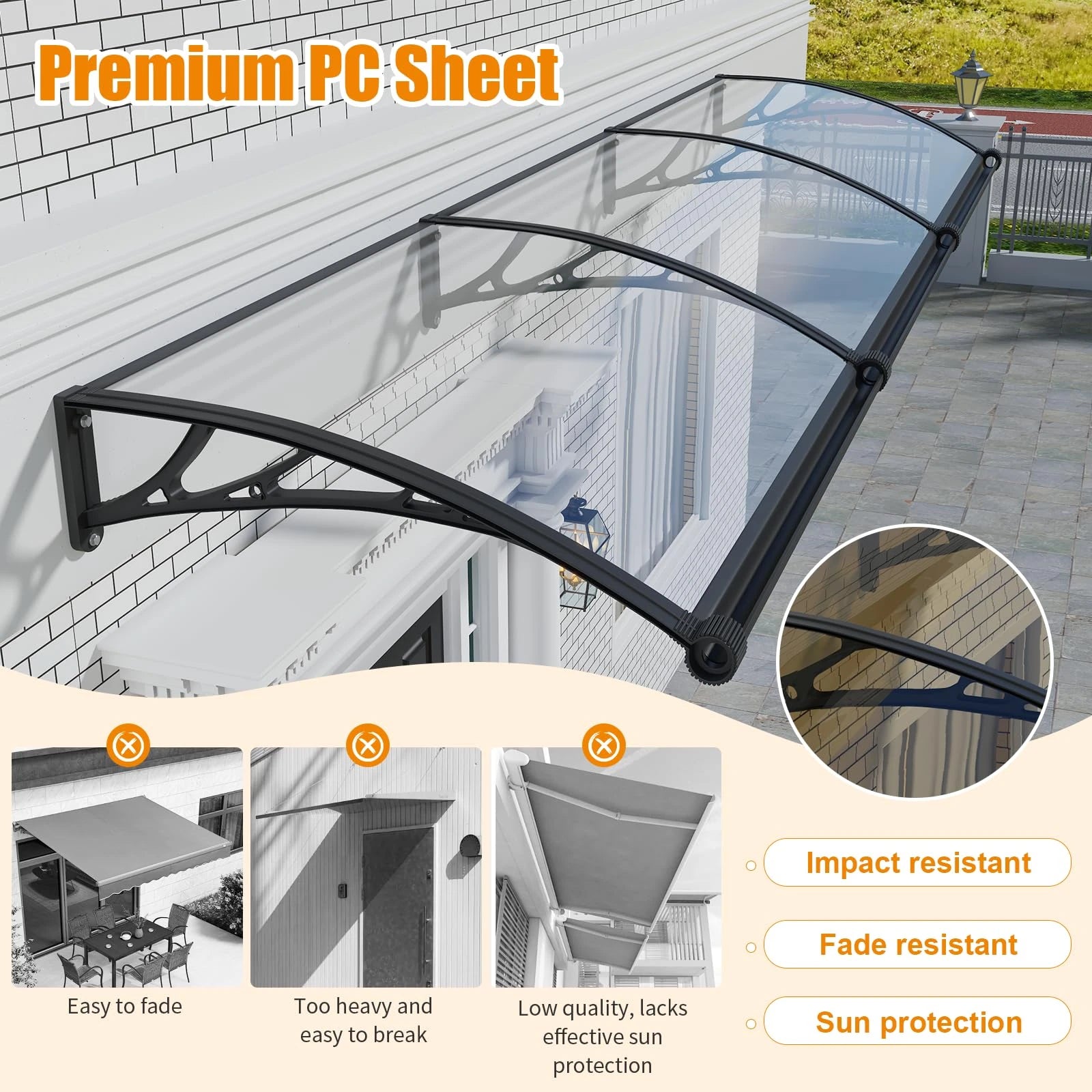 GUANSU-CN Toldo para puerta y ventana de gran tamaño con panel sólido de policarbonato y soporte de plástico para patio, protección contra la lluvia, la nieve y el sol