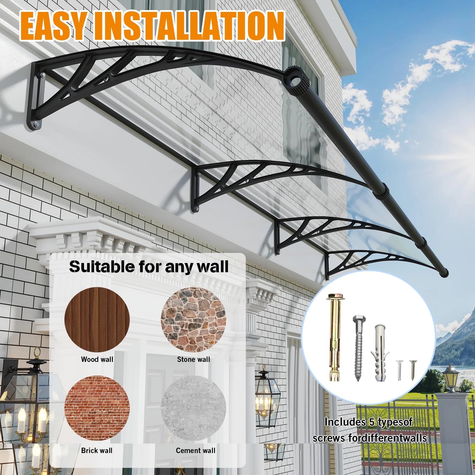 GUANSU-CN Toldo para puerta y ventana de gran tamaño con panel sólido de policarbonato y soporte de plástico para patio, protección contra la lluvia, la nieve y el sol