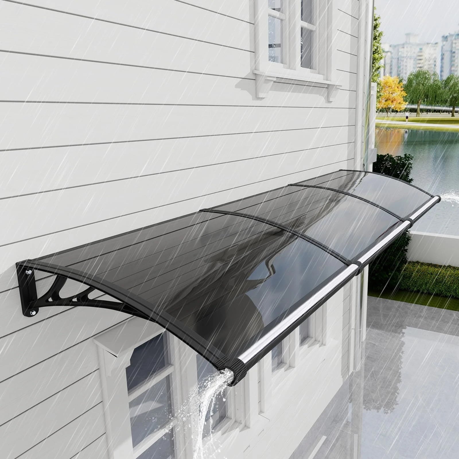 Heavy Duty Door Awning with Drainage System – Polycarbonate All Weather Front Door Canopy for Rain, Snow & UV Protection