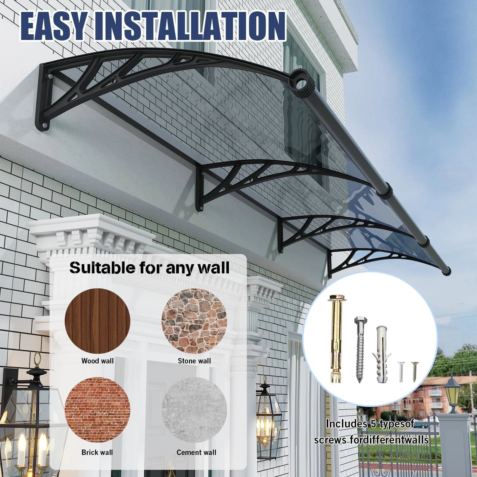 Heavy Duty Door Awning with Drainage System – Polycarbonate All Weather Front Door Canopy for Rain, Snow & UV Protection