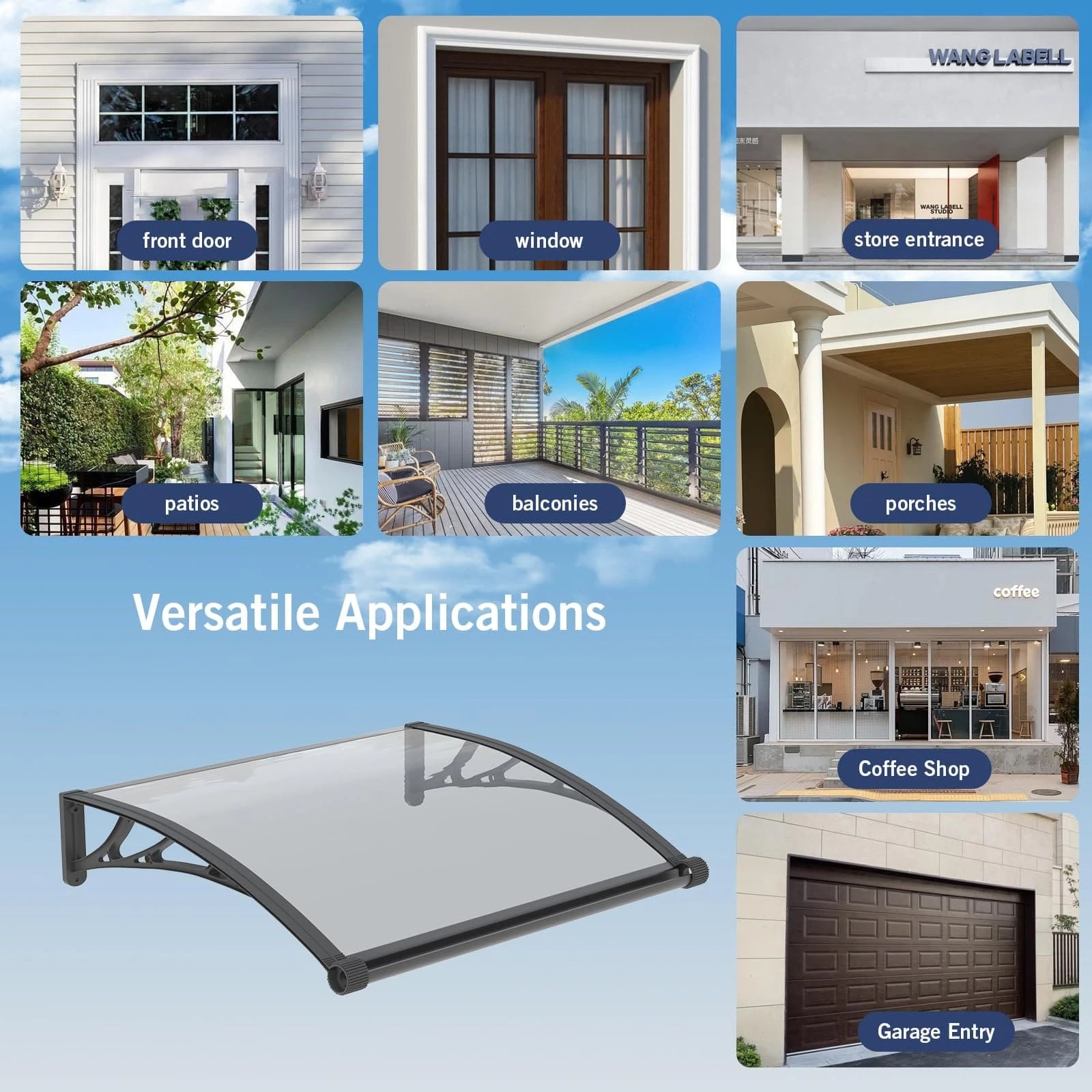 Heavy Duty Door Awning with Drainage System – Polycarbonate All Weather Front Door Canopy for Rain, Snow & UV Protection