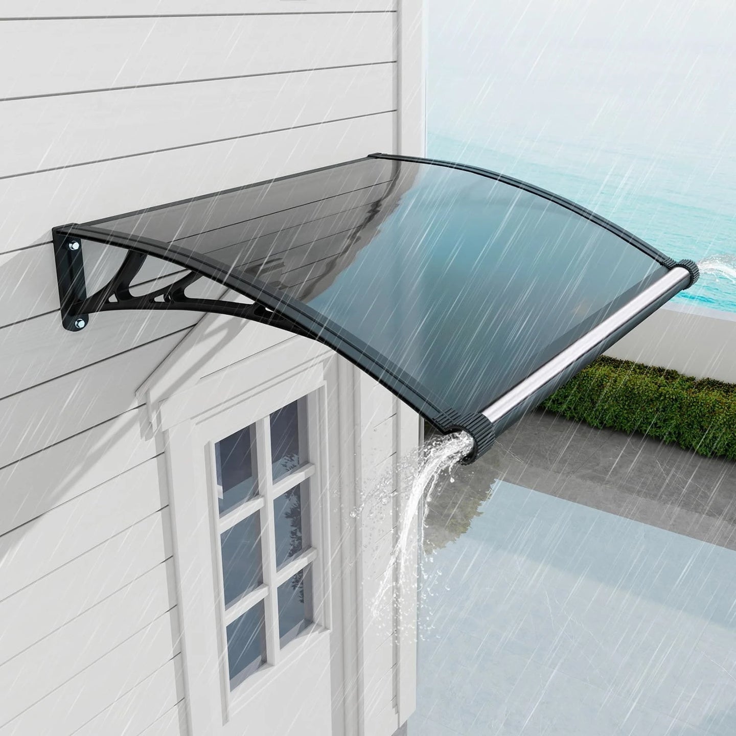 Heavy Duty Door Awning with Drainage System – Polycarbonate All Weather Front Door Canopy for Rain, Snow & UV Protection