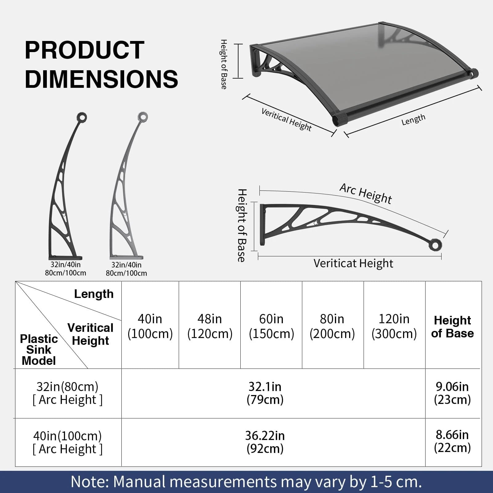 Heavy Duty Door Awning with Drainage System – Polycarbonate All Weather Front Door Canopy for Rain, Snow & UV Protection