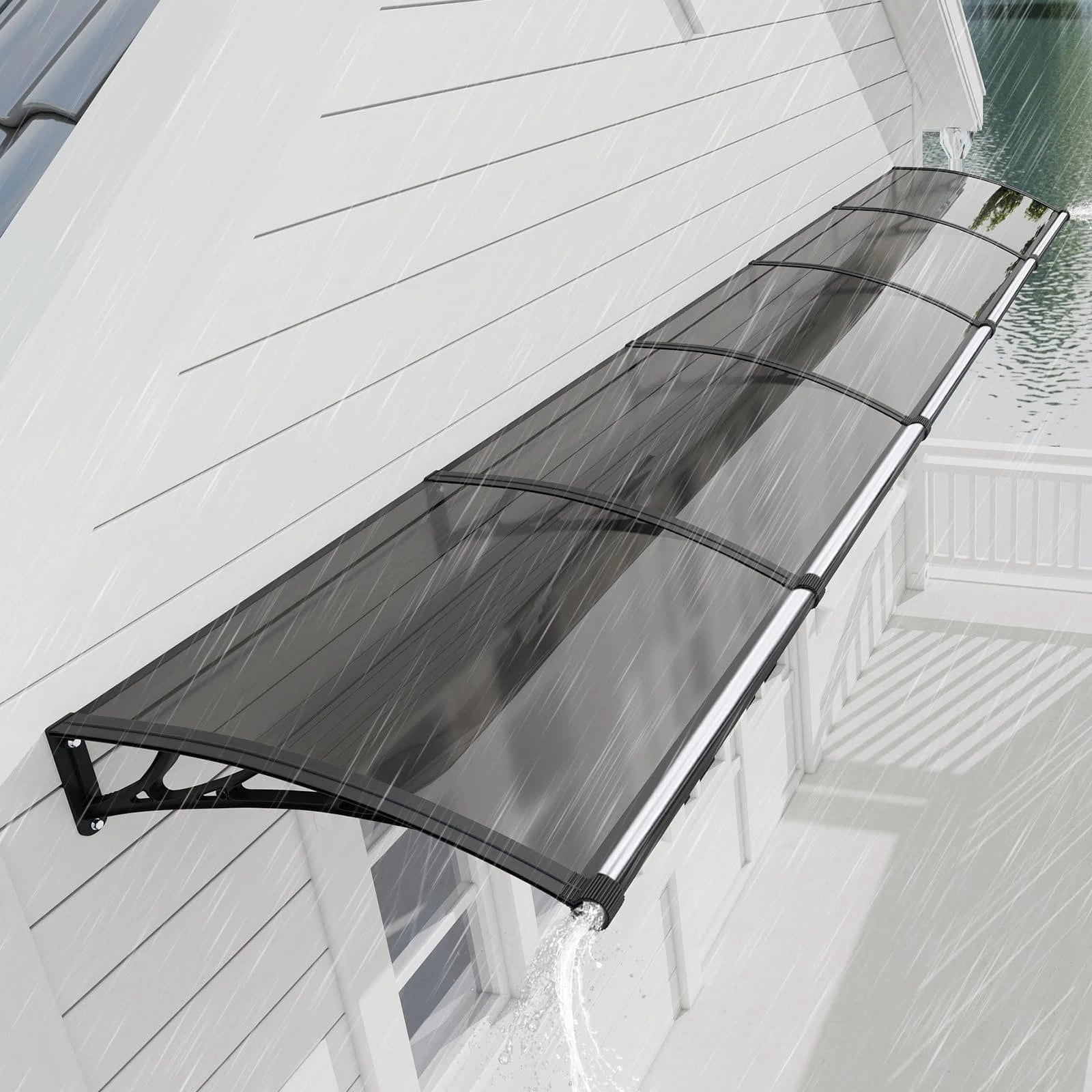 Heavy Duty Door Awning with Drainage System – Polycarbonate All Weather Front Door Canopy for Rain, Snow & UV Protection