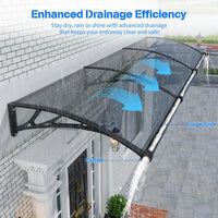 Heavy Duty Door Awning with Drainage System – Polycarbonate All Weather Front Door Canopy for Rain, Snow & UV Protection