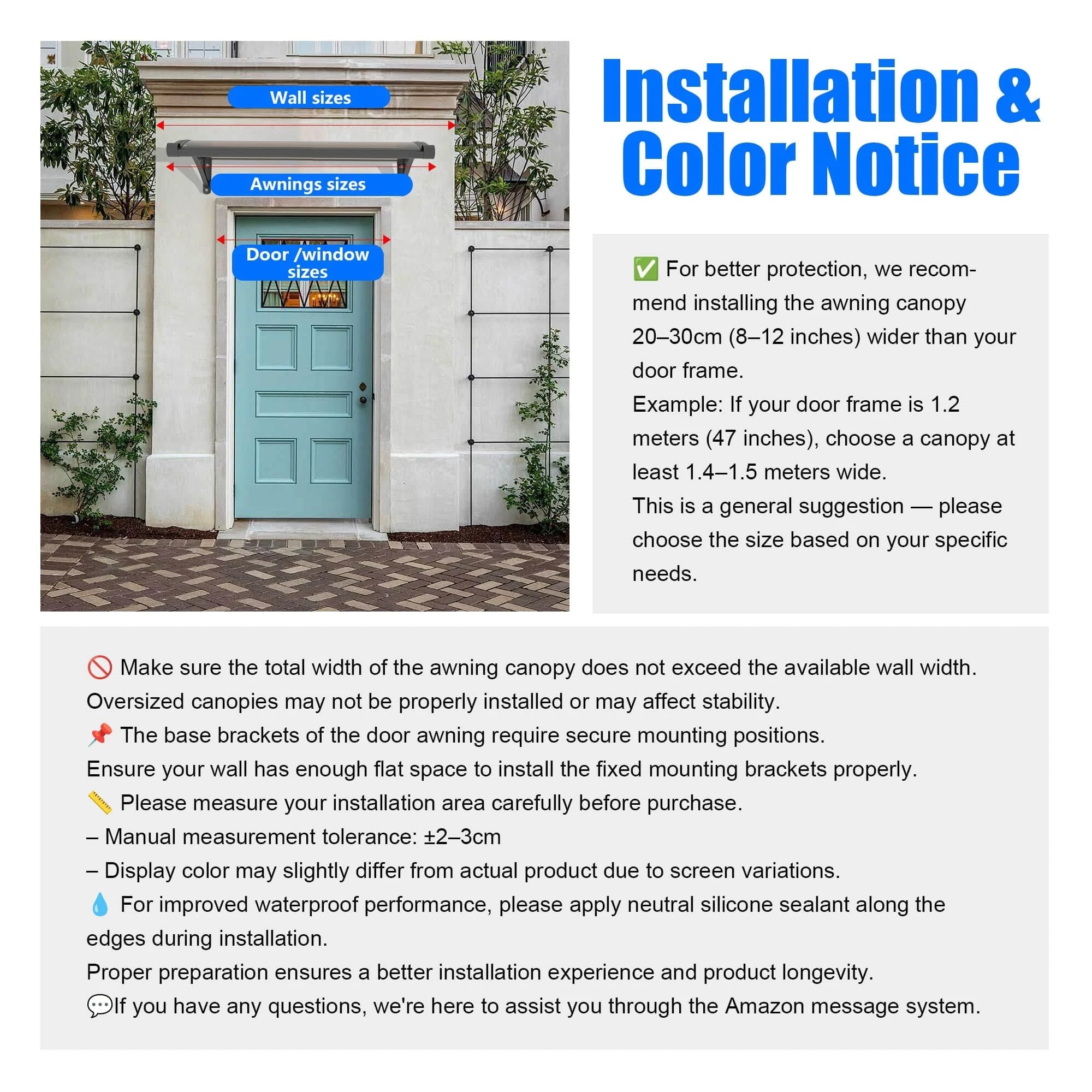 Heavy Duty Door Awning with Drainage System – Polycarbonate All Weather Front Door Canopy for Rain, Snow & UV Protection