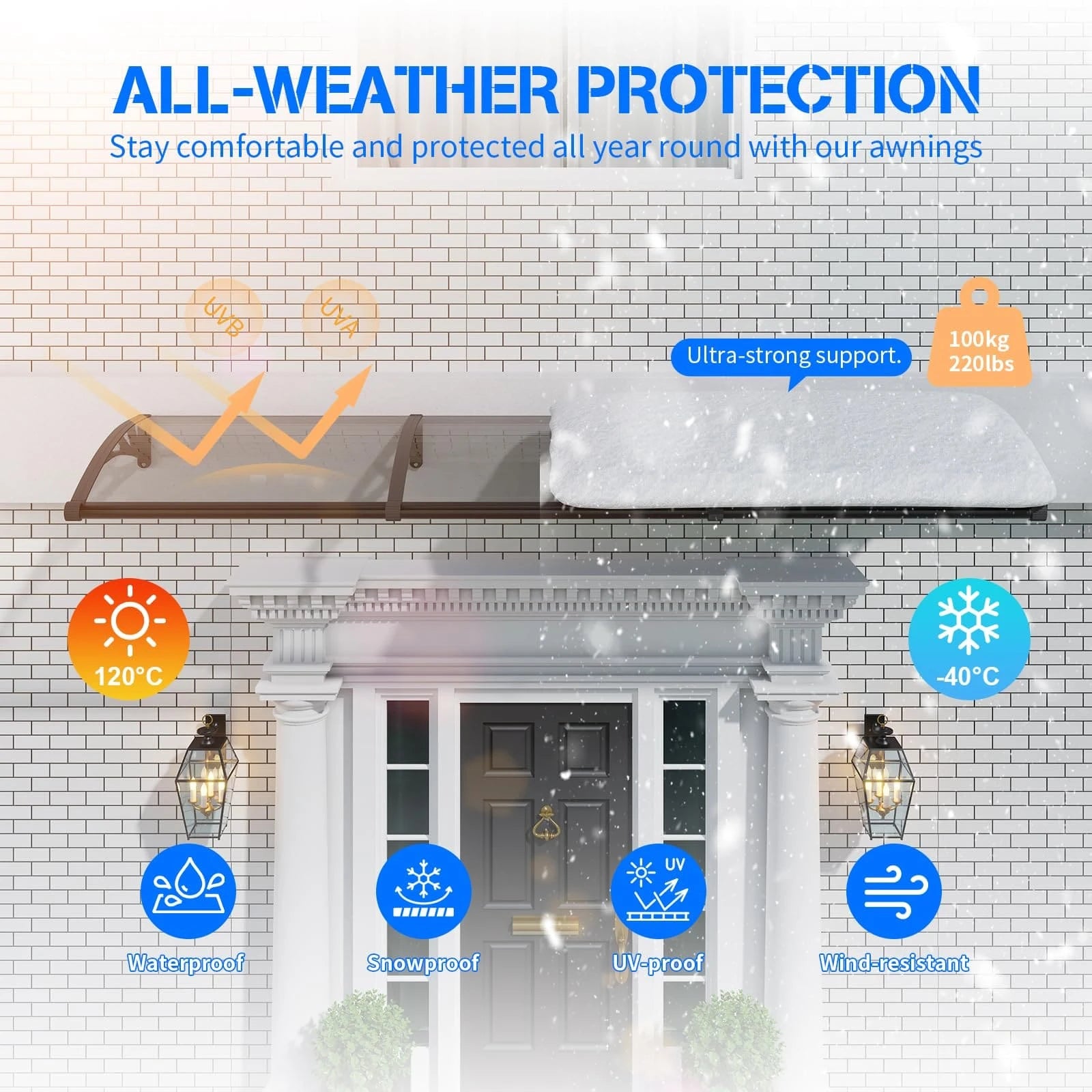 Heavy Duty Door Awning with Drainage System – Polycarbonate All Weather Front Door Canopy for Rain, Snow & UV Protection