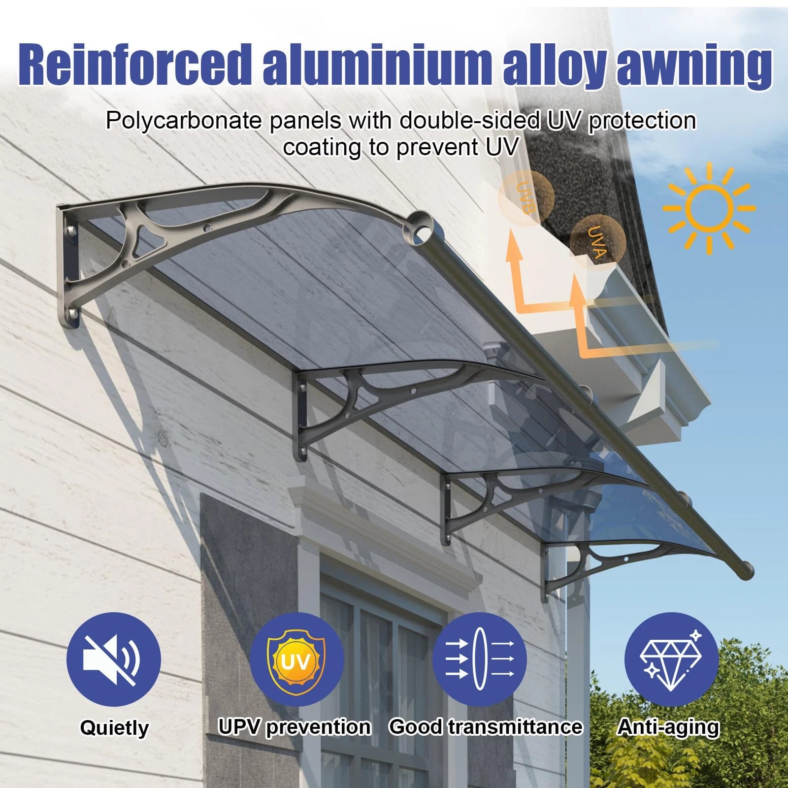 Door Awning with Drainage Solid Polycarbonate Window Canopy with Aluminum Alloy Bracket for Outdoor Porch Rain UV & Snow Protection