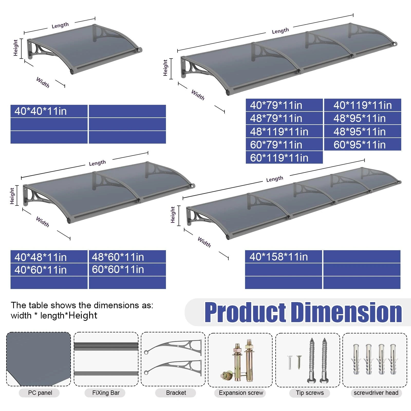 Door Awning with Drainage Solid Polycarbonate Window Canopy with Aluminum Alloy Bracket for Outdoor Porch Rain UV & Snow Protection