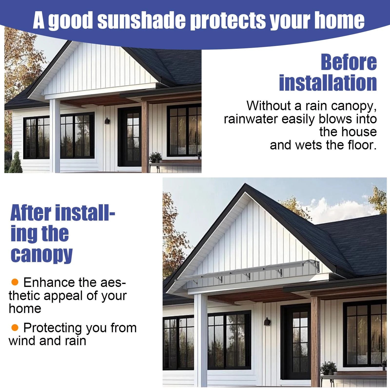 Door Awning with Drainage Solid Polycarbonate Window Canopy with Aluminum Alloy Bracket for Outdoor Porch Rain UV & Snow Protection