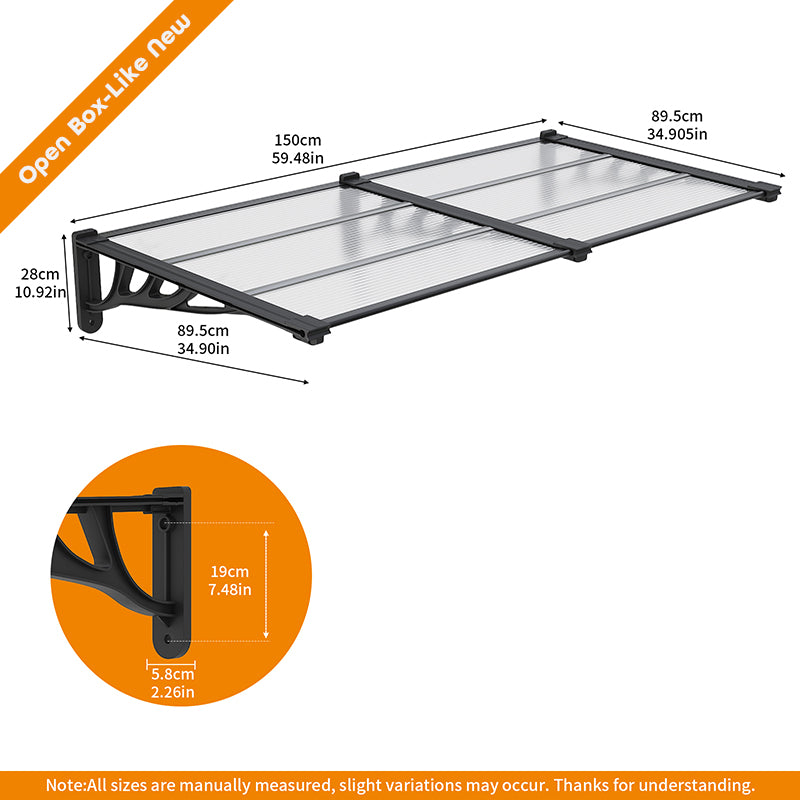 Open Box - Modular Spliced Door & Window Awning Canopy – Flat Polycarbonate Panel with ABS Brackets for Porch & Patio