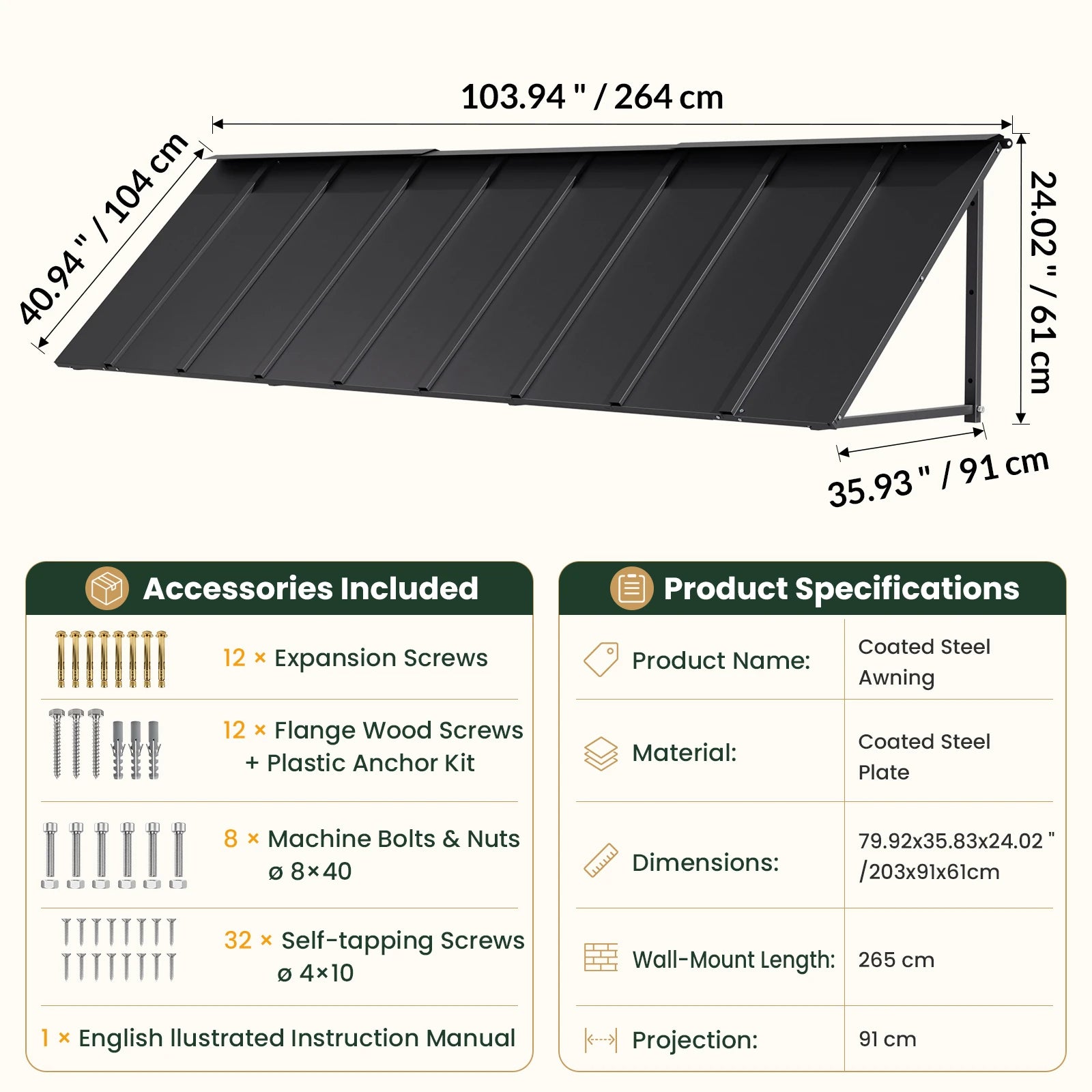 Heavy-Duty Metal Door Awning for Front Doors & Windows – All-Weather Exterior Canopy Protection