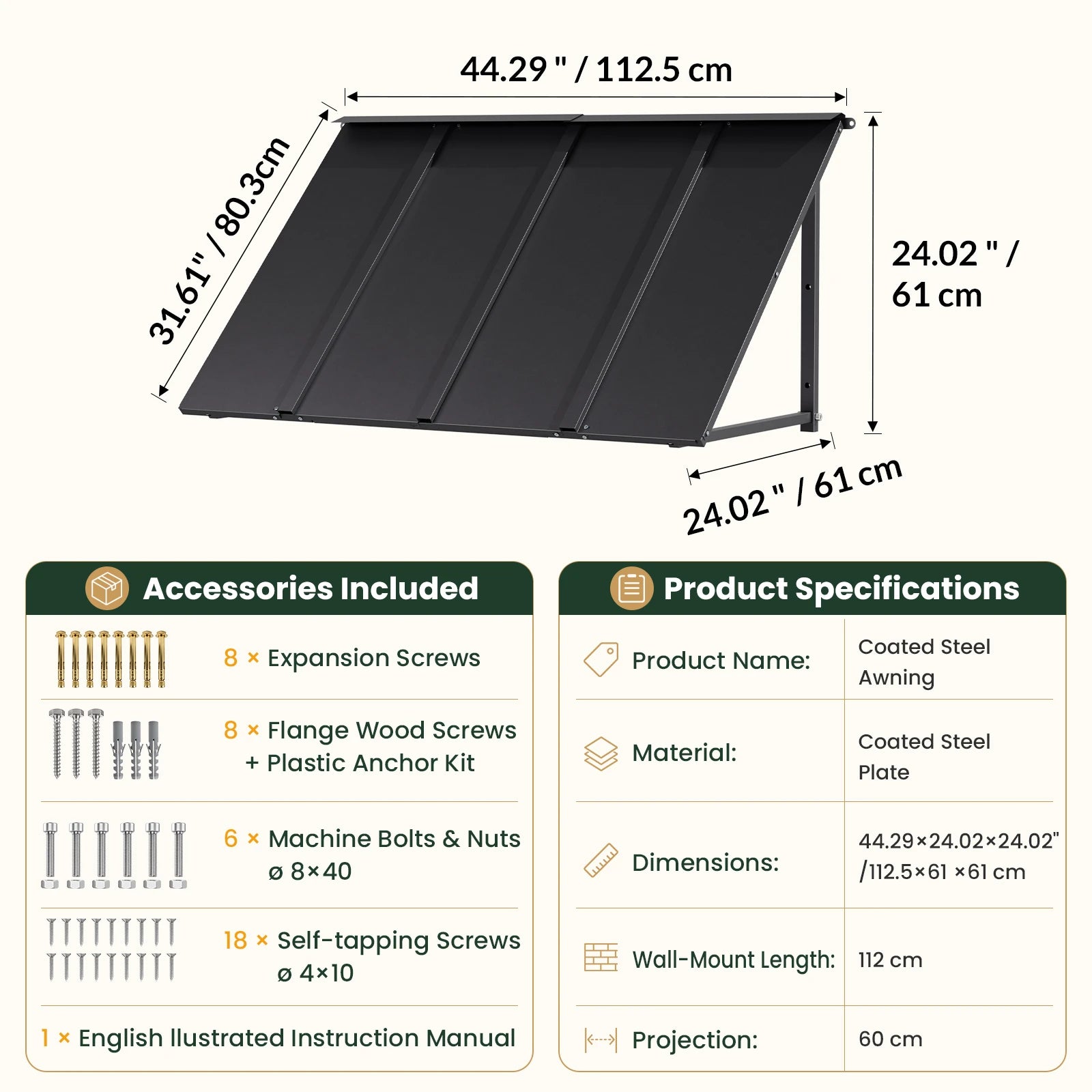 Heavy-Duty Metal Door Awning for Front Doors & Windows – All-Weather Exterior Canopy Protection