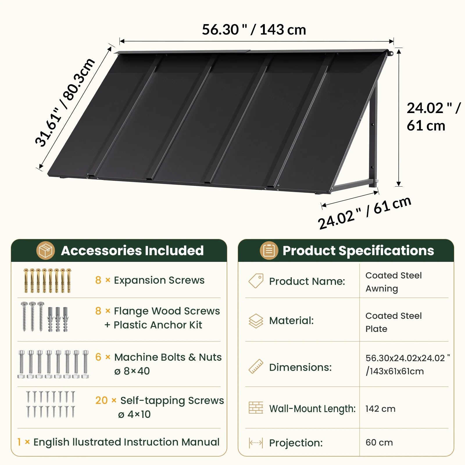 Heavy-Duty Metal Door Awning for Front Doors & Windows – All-Weather Exterior Canopy Protection