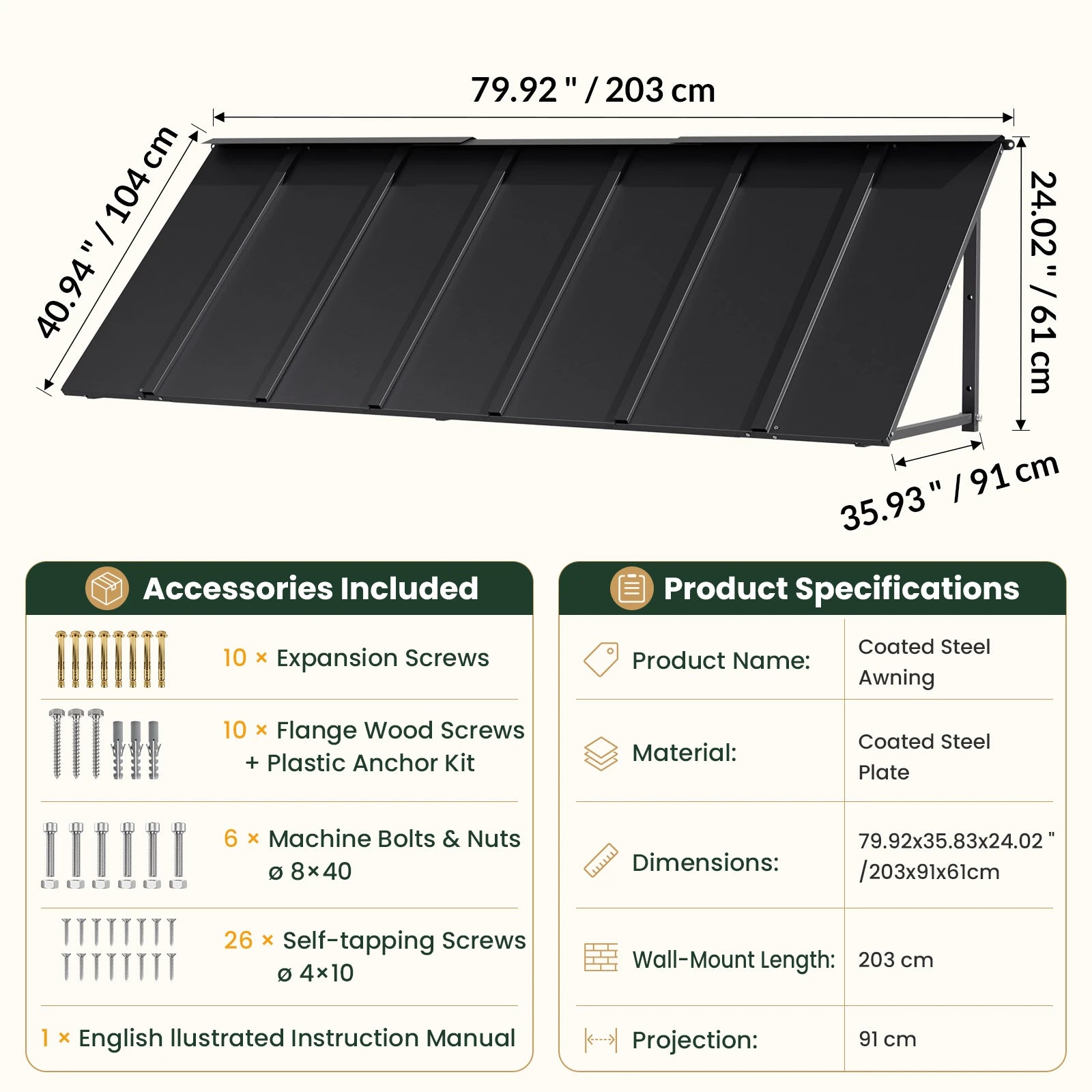 Heavy-Duty Metal Door Awning for Front Doors & Windows – All-Weather Exterior Canopy Protection