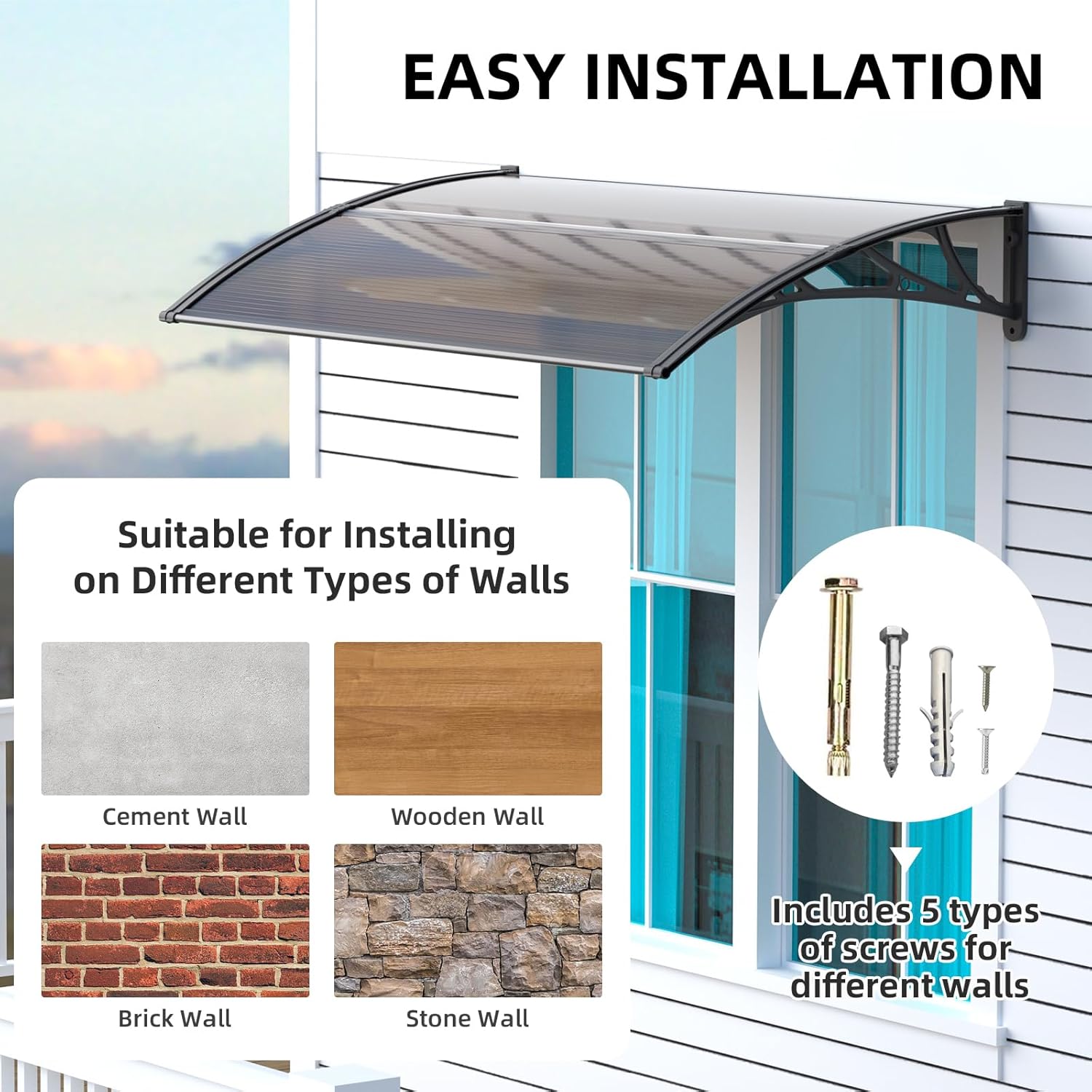 Dawninghome Polycarbonate Window Awning Door Canopy 24x40 inches 60x100cm with Large Drainage Sink