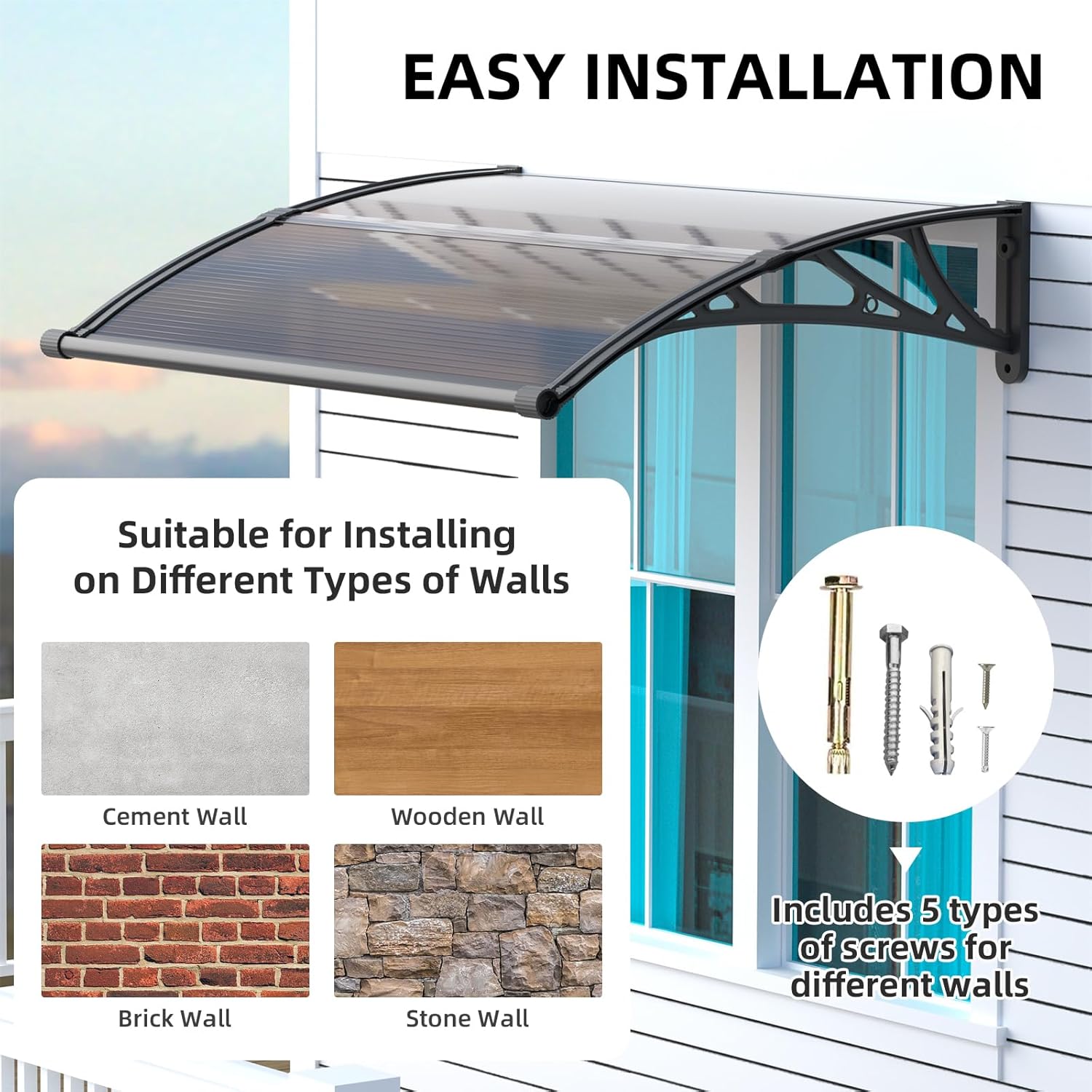 Dawning Home Window Awning Door Canopy – Polycarbonate Hollow Sheet with ABS Bracket and Separate Drainage Sink