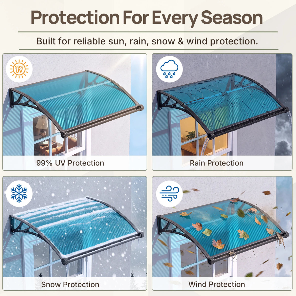 Dawning Home Window Awning Door Canopy – Polycarbonate Hollow Sheet with ABS Bracket and Separate Drainage Sink