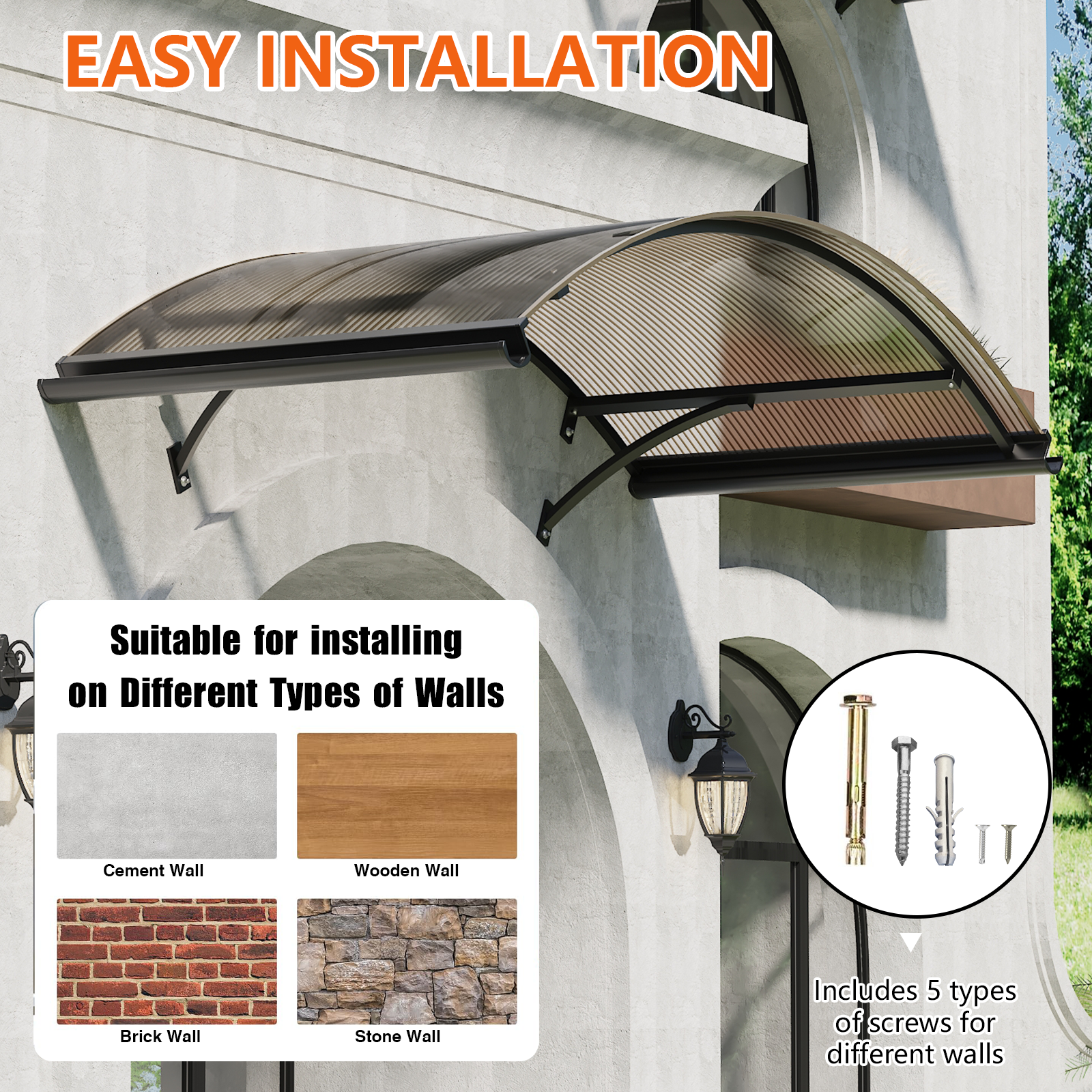 Auvents à arc rond GUANSU-CN avec supports en alliage d'aluminium pour porte, patio, décoration de maison